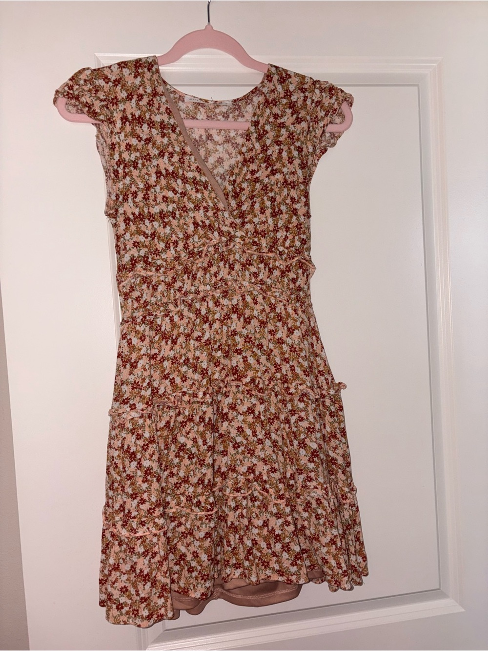Altar'd State Rust and Cream Floral Ruffle Tiered Mini Dress